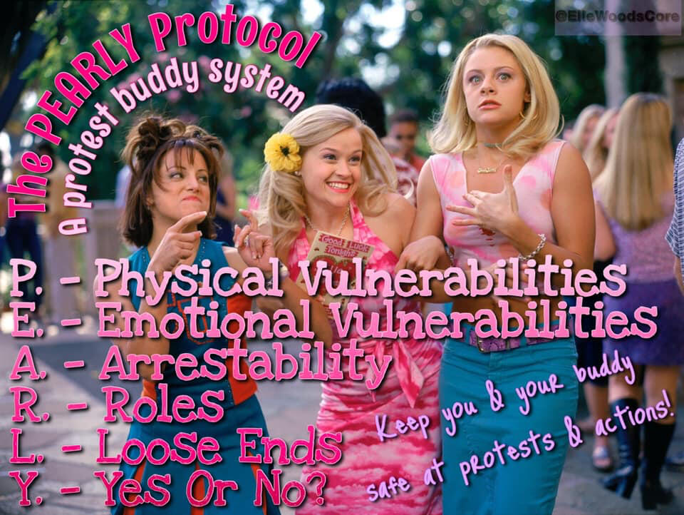 @ElleWoodsCore meme: "The PEARLY Protocol, A protest buddy system" in cute text, photo of Elle Woods with nervous/scared friends. Text: Physical Vulnerabilites/ Emotional Vulnerabilities/ Arrestability/ Roles/ Loose Ends/ Yes or No? See more @ flyer & post